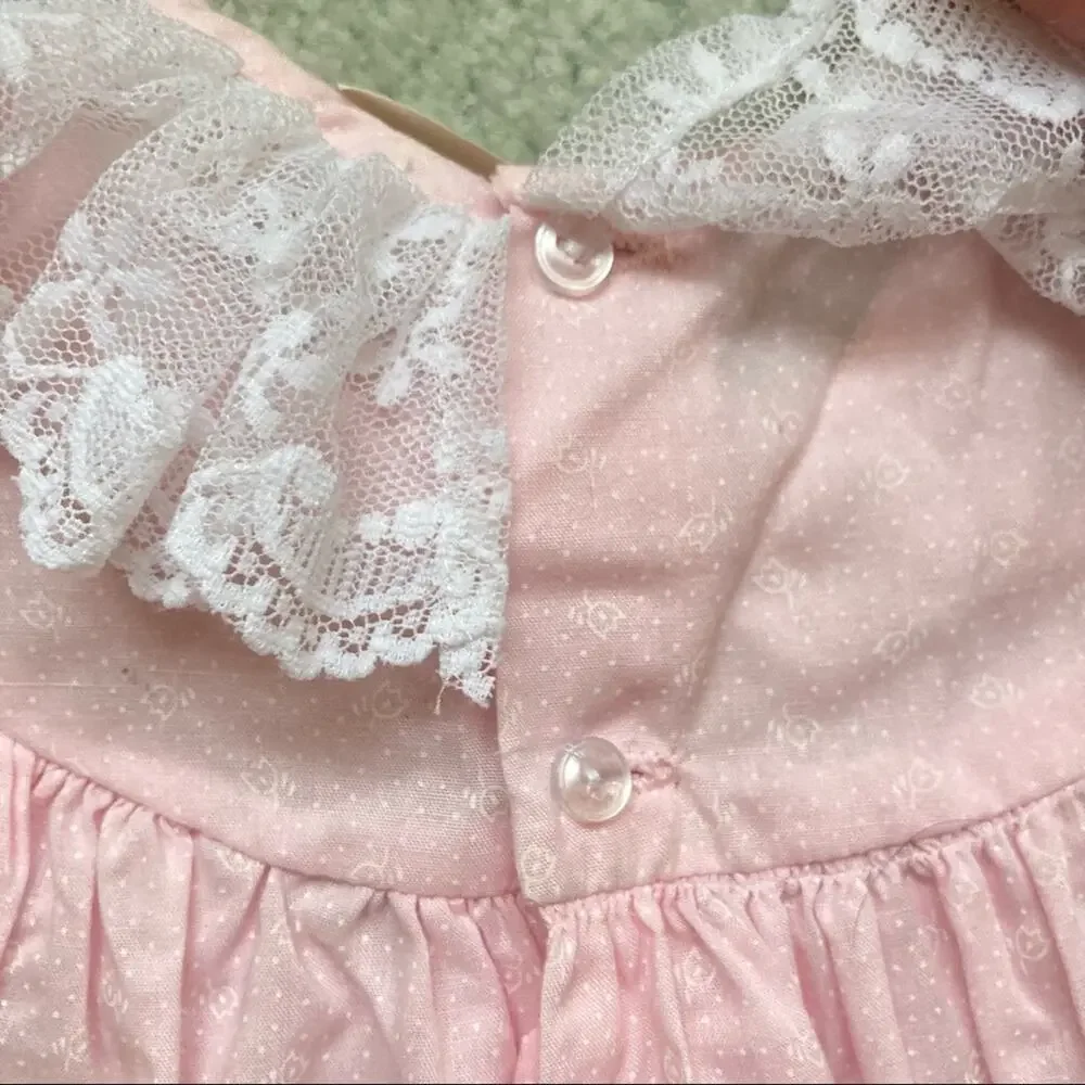 Vintage 1989 Girls 18 Months Pink Long Sleeve Dress With Lace Collar and Cuff